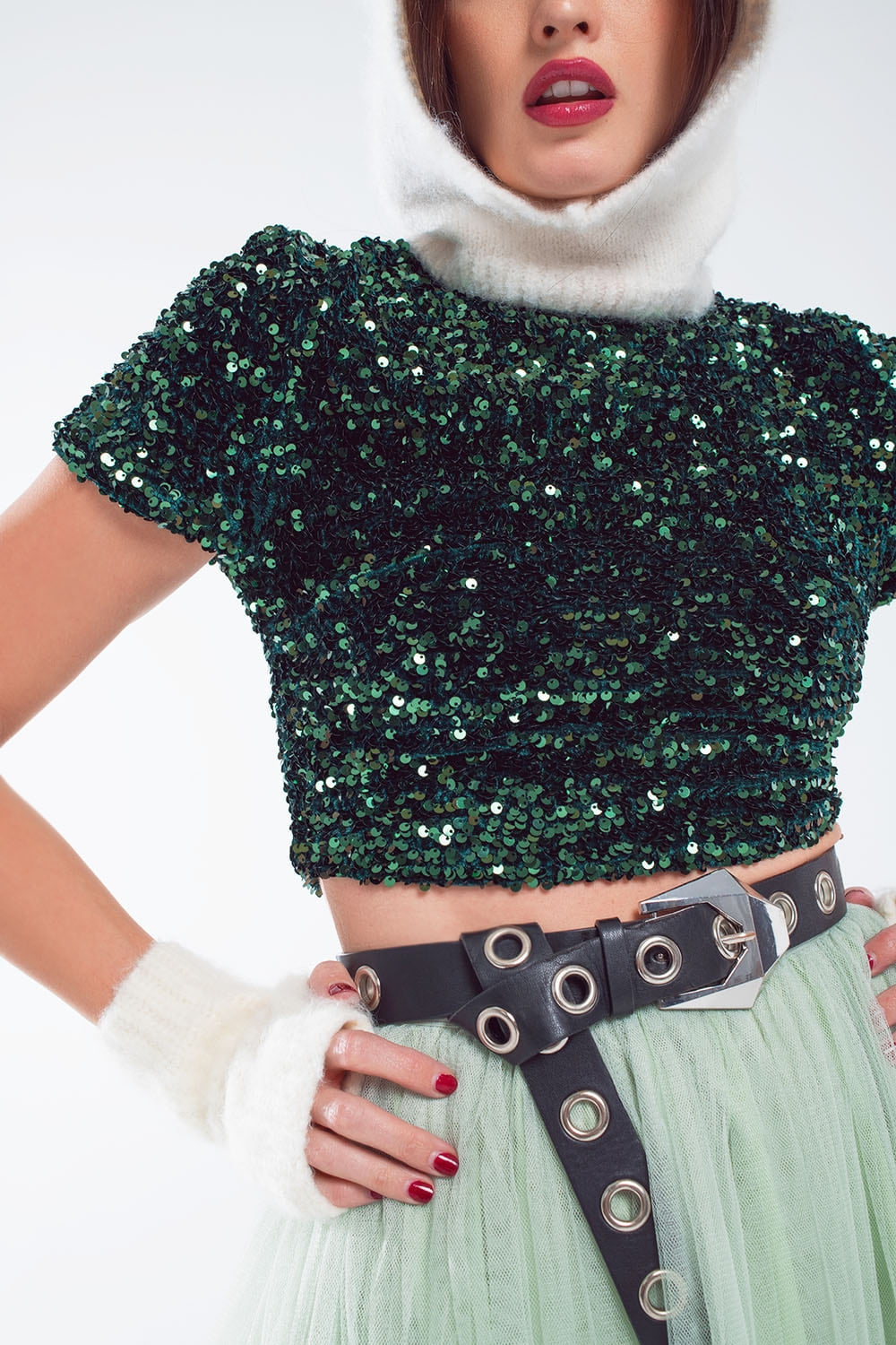 Cropped High Neck Top in Green  Sequin