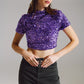 Q2 Cropped High Neck Top in Purple Sequin