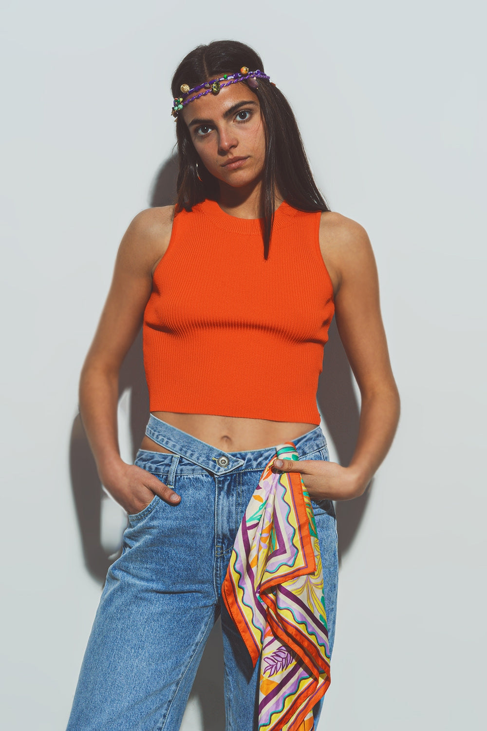 Q2 Cropped Knitted Tank Top in Orange