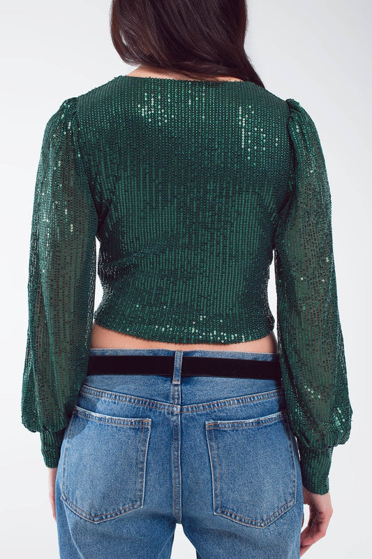 Cropped long Sleeve Sequin Top With V-neck and Rouched Design in Green