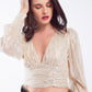 Q2 Cropped long Sleeve Sequin Top With V-neck and Rouched Design in Pearl White