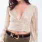 Cropped long Sleeve Sequin Top With V-neck and Rouched Design in Pearl White