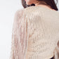 Cropped long Sleeve Sequin Top With V-neck and Rouched Design in Pearl White