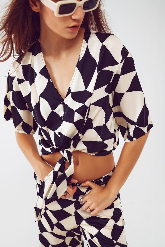 Q2 Cropped Shirt With Knot in Bauhaus Abstract Black and White Print