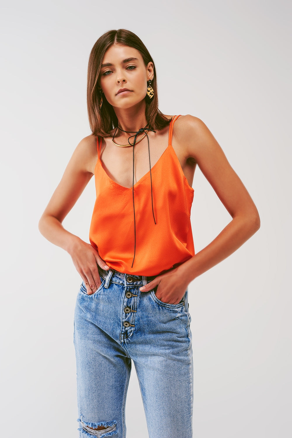 Q2 Cropped Shirt with Spaghetti Straps in Orange