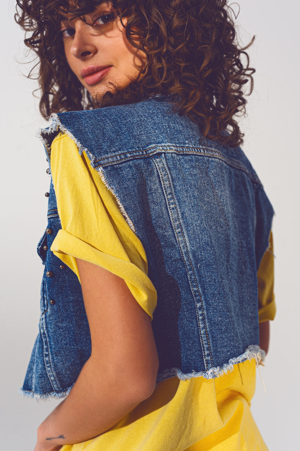 Cropped Studded Denim Vest in Blue - Szua Store