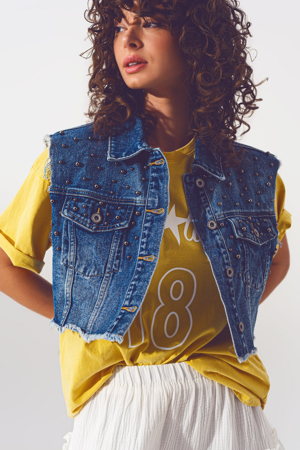 Cropped Studded Denim Vest in Blue - Szua Store