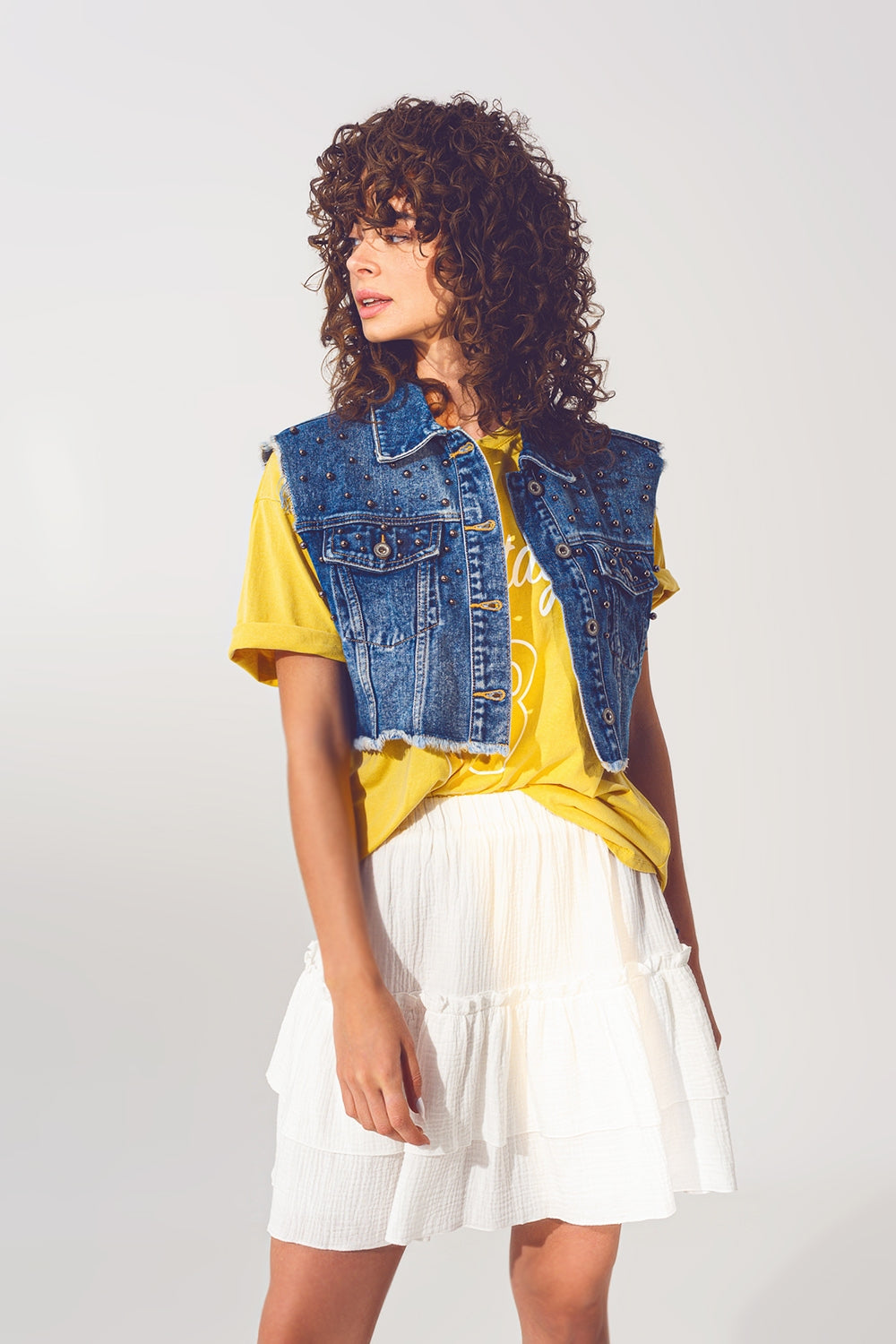 Cropped Studded Denim Vest in Blue - Szua Store