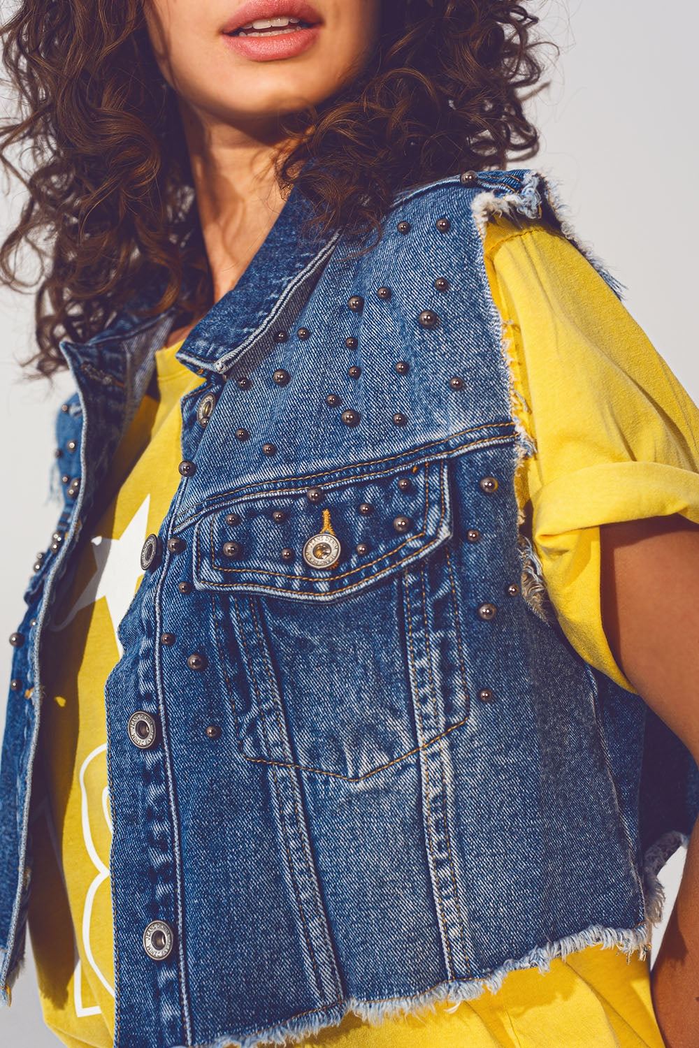 Cropped Studded Denim Vest in Blue - Szua Store