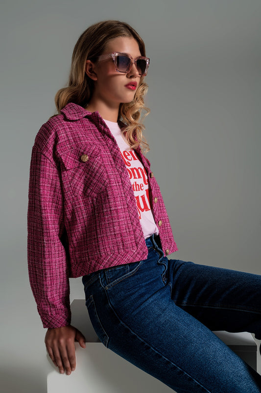 Q2 Cropped Tweed Jacket With Chest Pockets in Pink