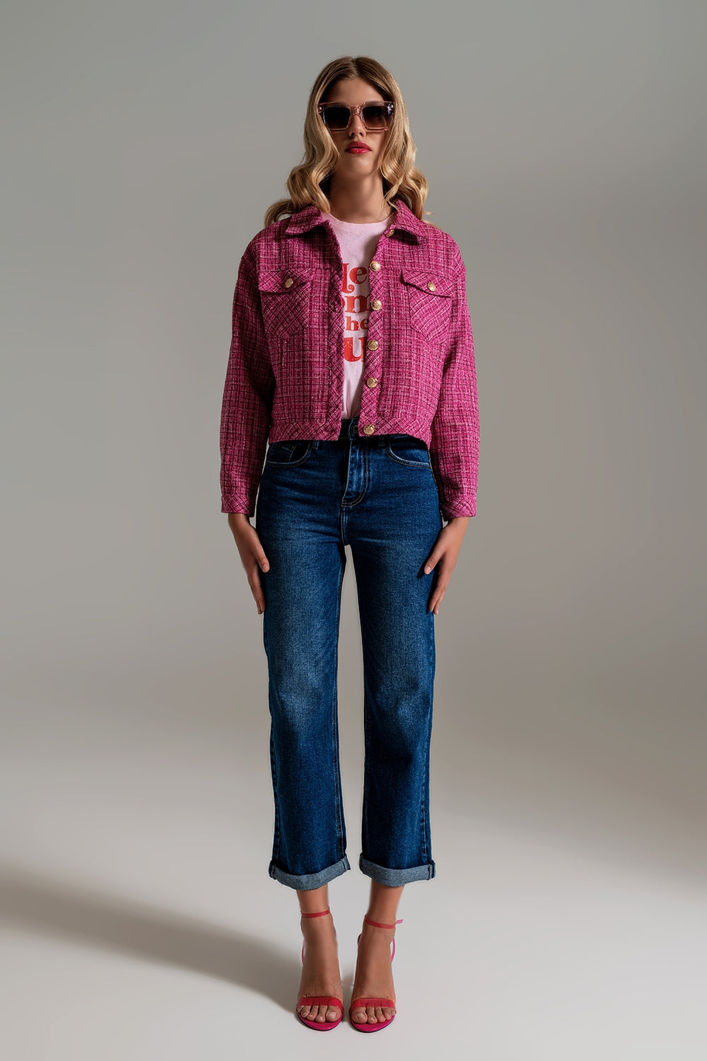Cropped Tweed Jacket With Chest Pockets in Pink - Szua Store