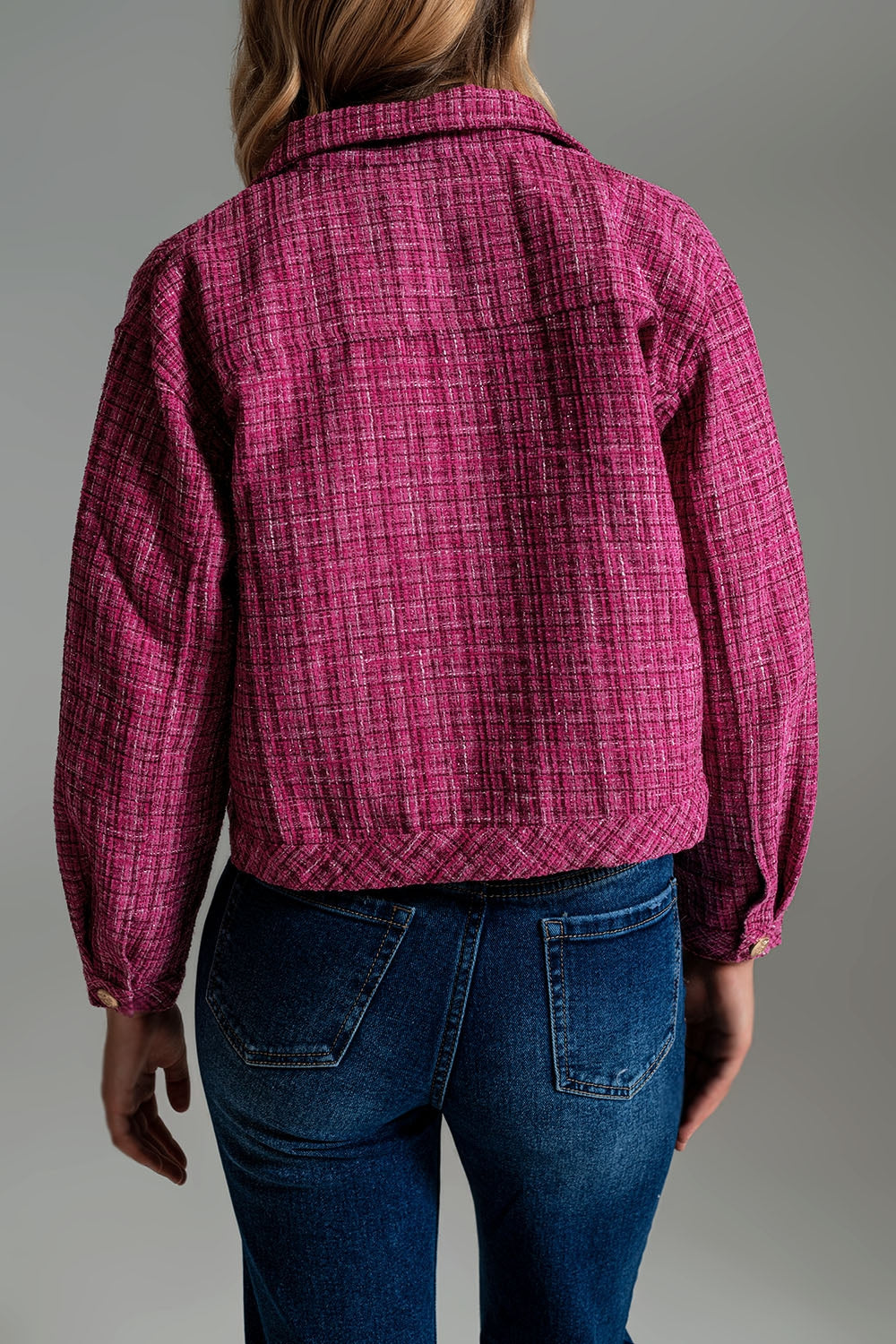 Cropped Tweed Jacket With Chest Pockets in Pink - Szua Store