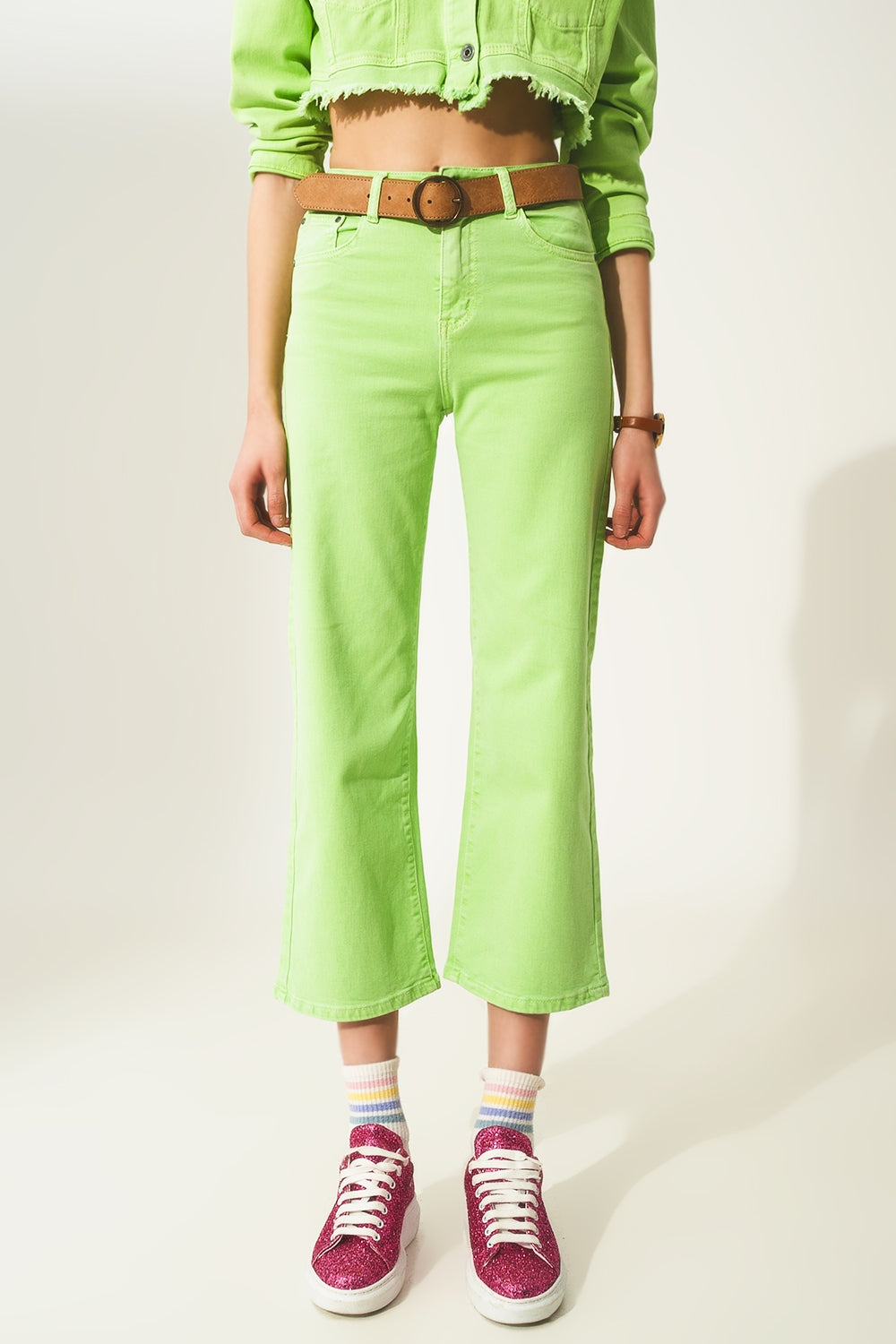 Q2 Cropped wide leg jeans in acid green