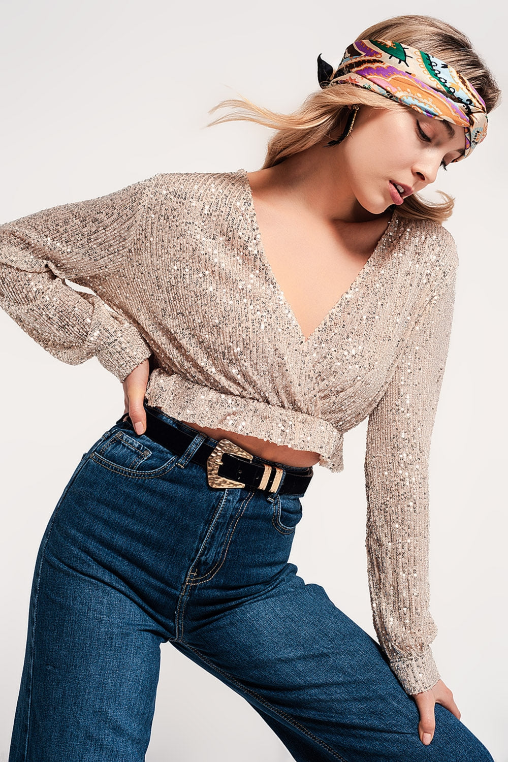 Cross over cropped and sheer top with sequins in gold Szua Store