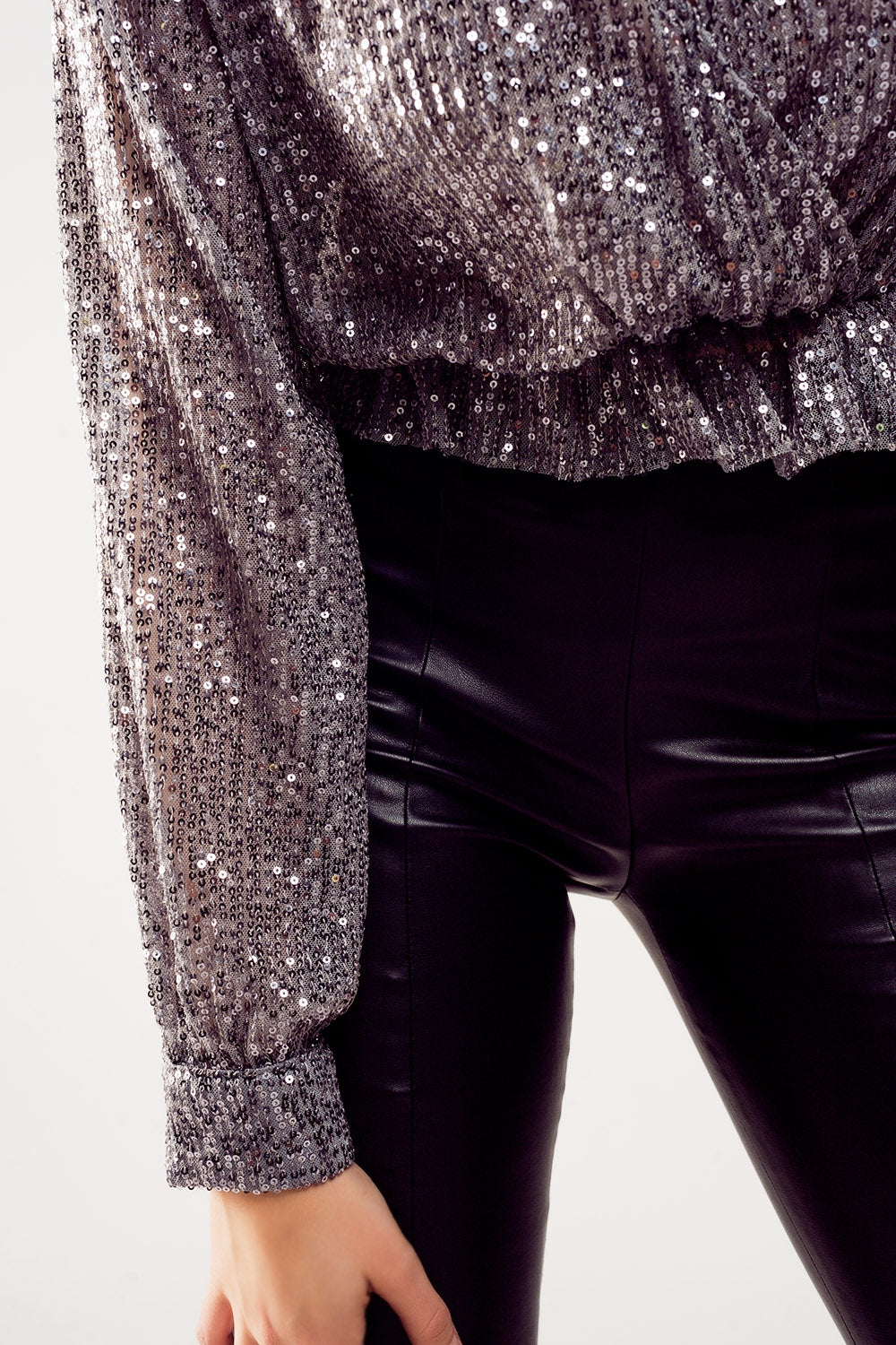 Cross over cropped and sheer top with sequins in silver Szua Store