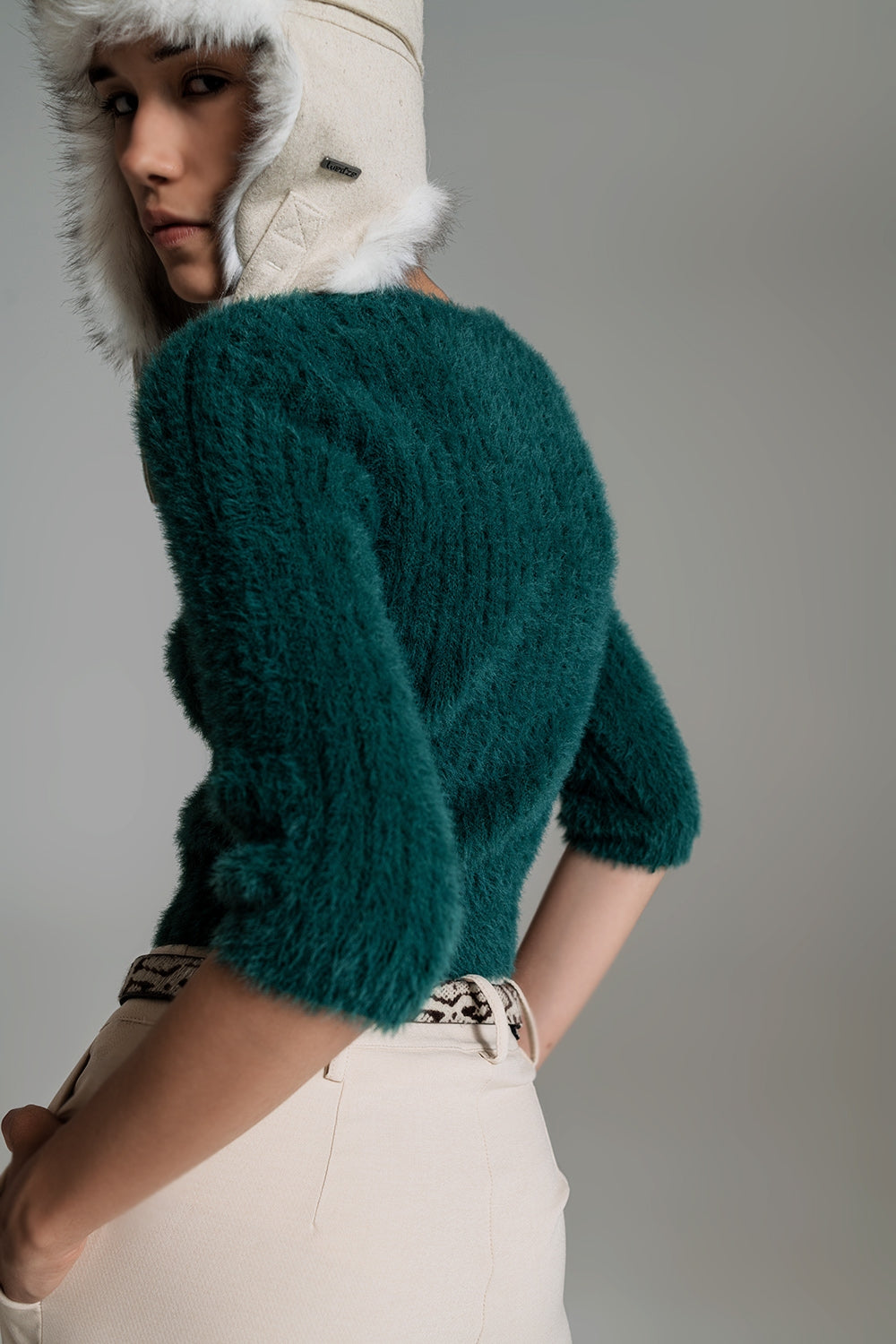 Dark green fluffy knit sweater with 3/4 sleeves - Szua Store