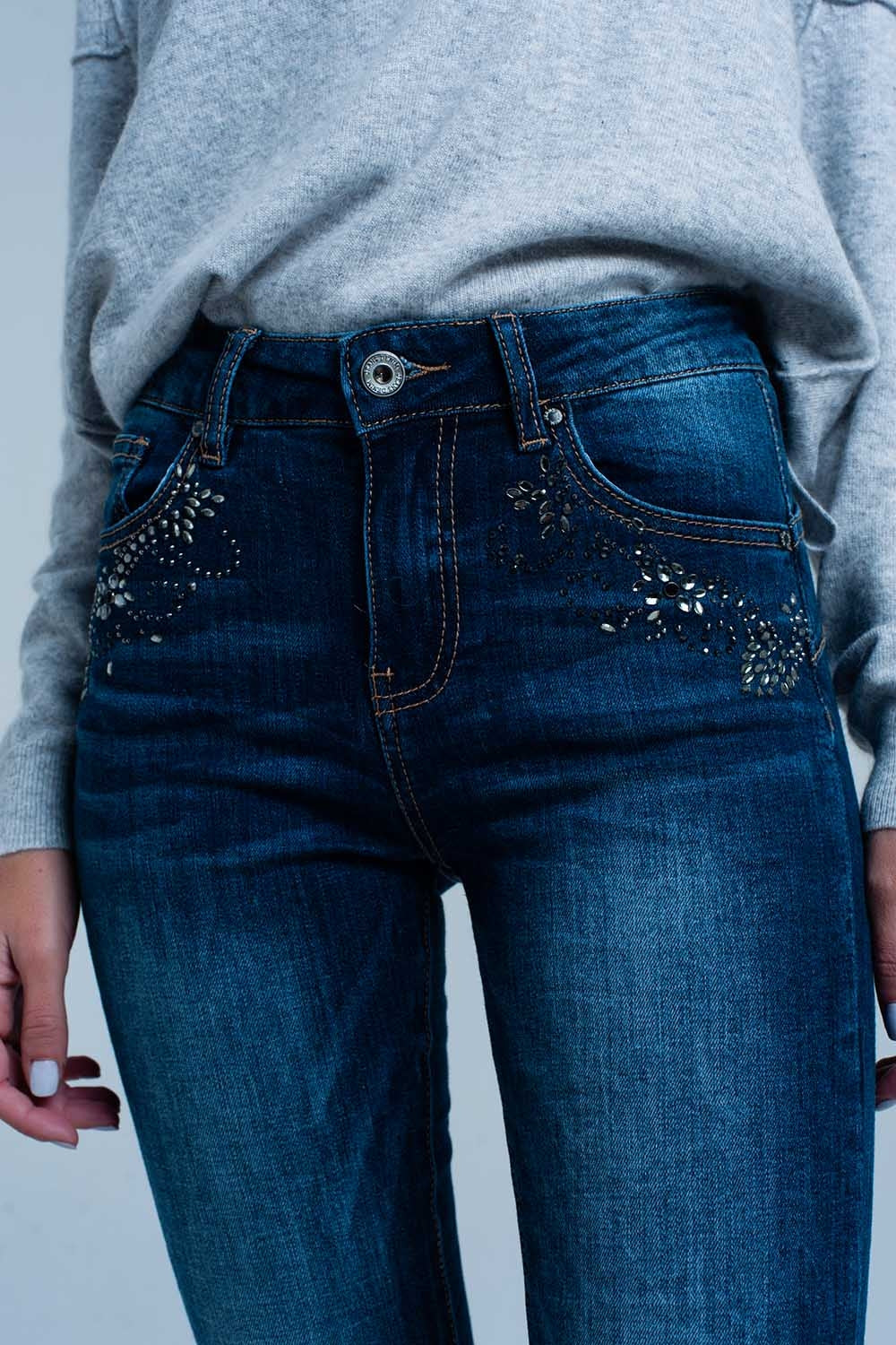 Dark Wash high waist Jeans with Rhinestone Details Szua Store