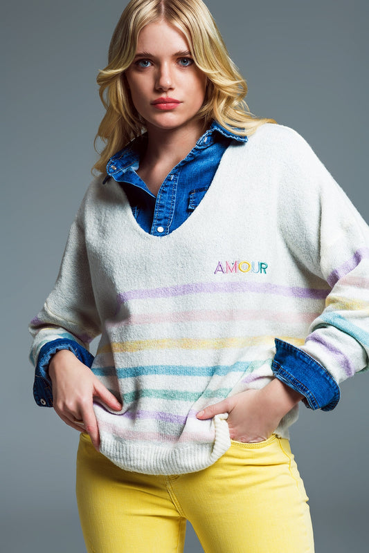 Q2 Deep V neck Line Sweater With Stripes in Pastel Colors and Amour Embroidered