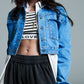 Q2 Denim cropped jacket in blue with studs and chest pockets