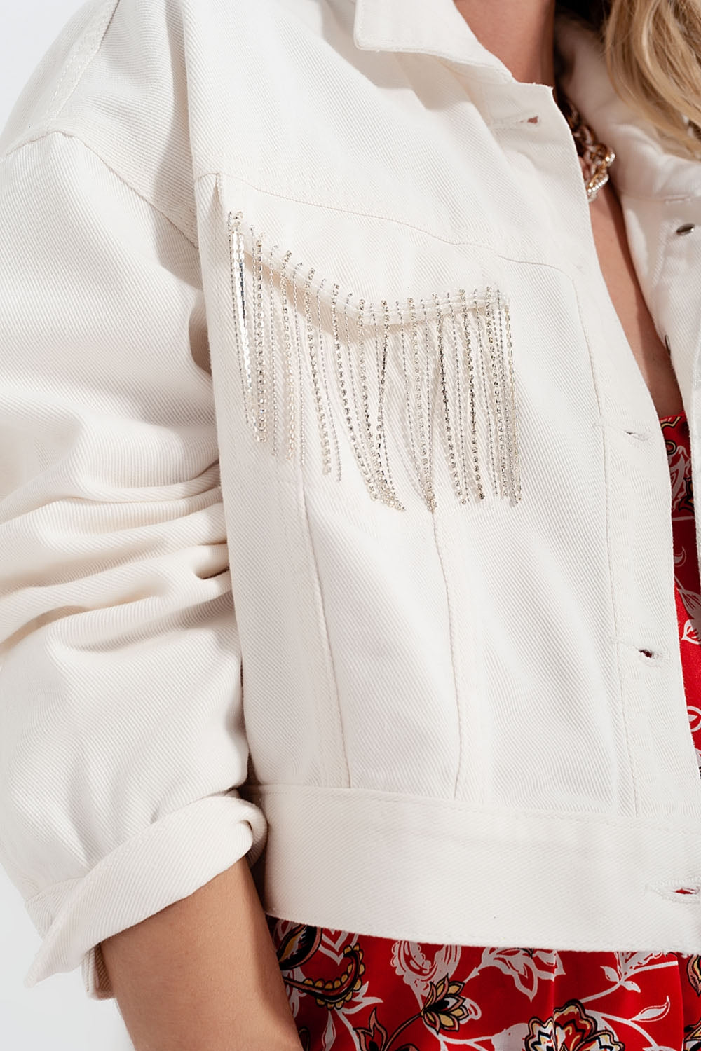 Denim jacket with diamante fringing in white Szua Store
