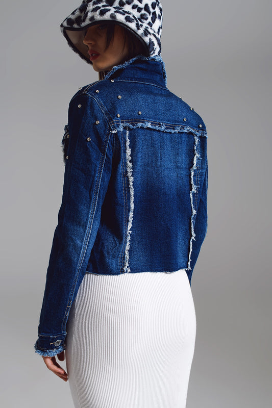 Denim jacket with frayed and embroidered details in Midwash