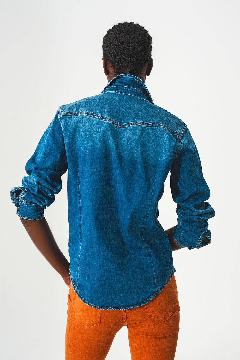Denim shirt with press-stud placket in blue mid wash - Szua Store