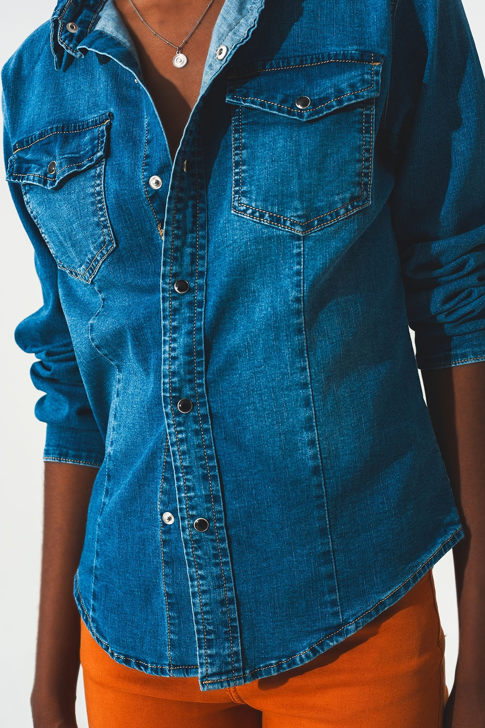 Denim shirt with press-stud placket in blue mid wash - Szua Store