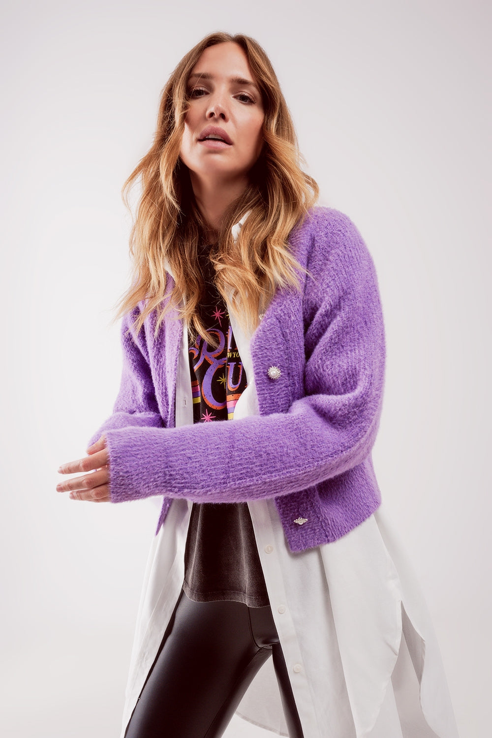 Detail button front knitted cardigan in purple