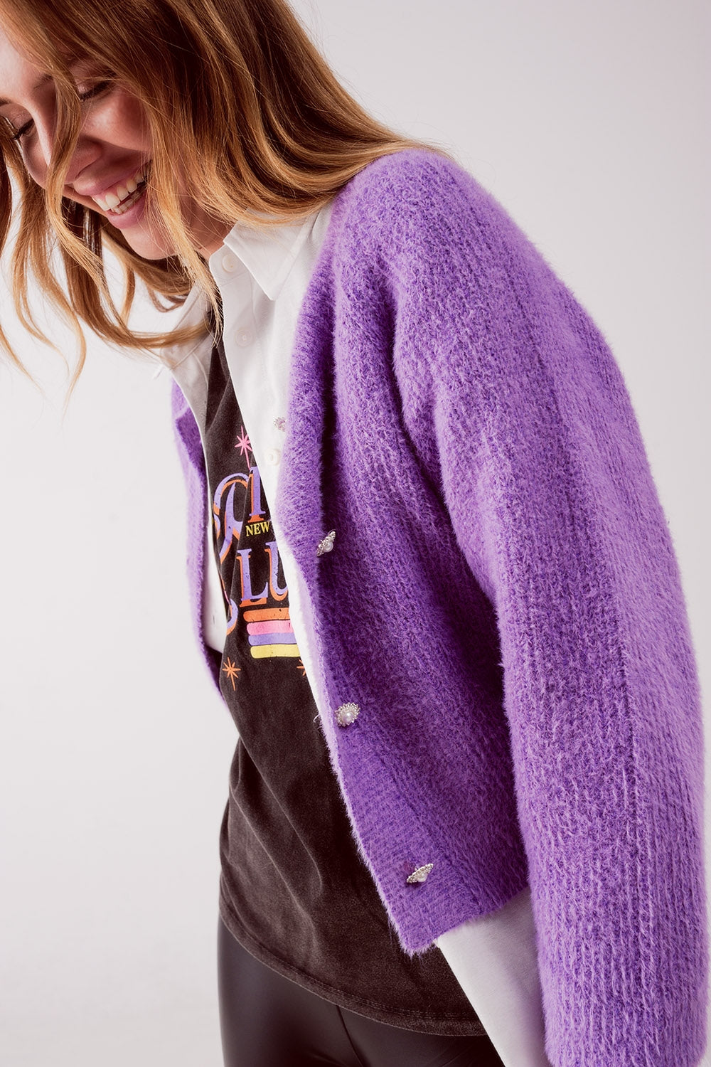 Detail button front knitted cardigan in purple Szua Store