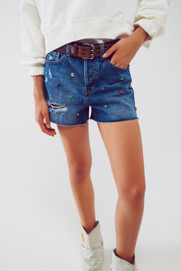Q2 Distressed Jean Shorts With Embellished Details in Mid Wash