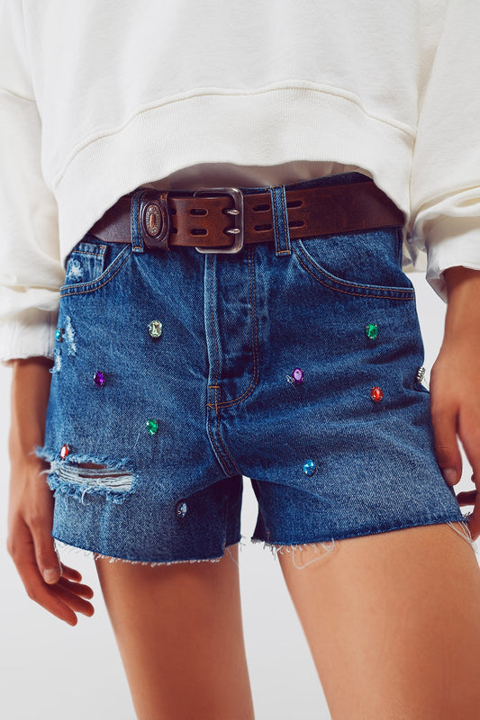 Distressed Jean Shorts With Embellished Details in Mid Wash - Szua Store