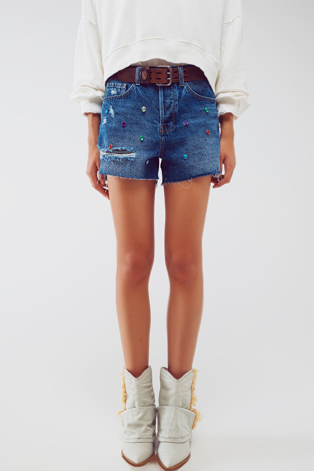 Distressed Jean Shorts With Embellished Details in Mid Wash - Szua Store