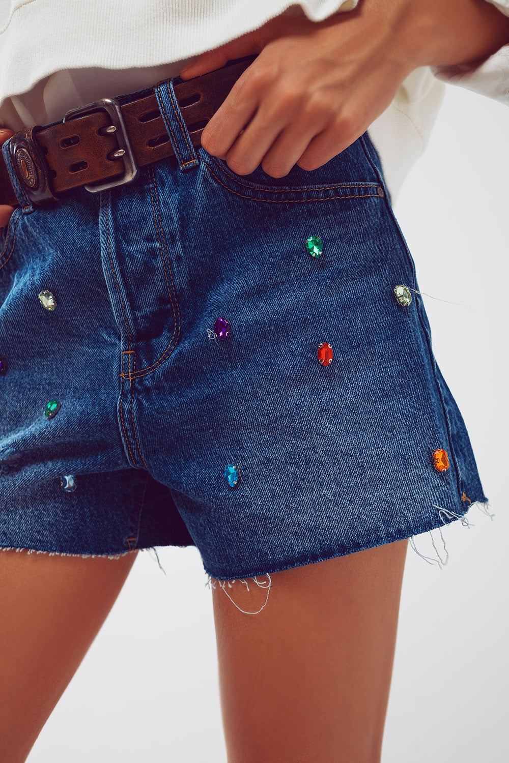 Distressed Jean Shorts With Embellished Details in Mid Wash - Szua Store