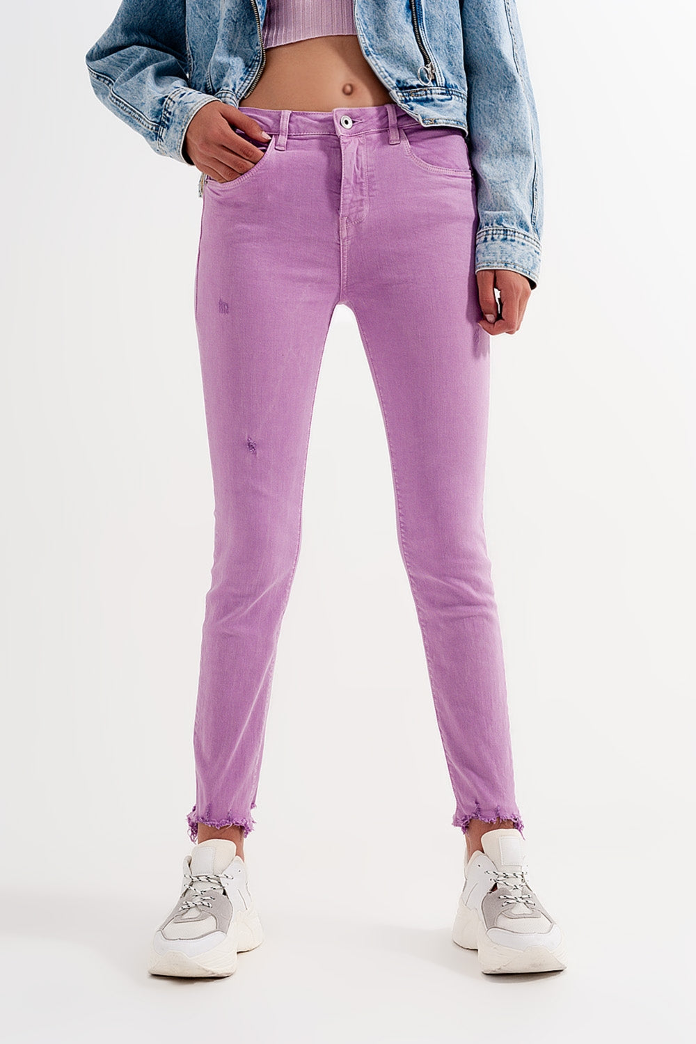 Distressed raw hem skinny jeans in lilac Szua Store