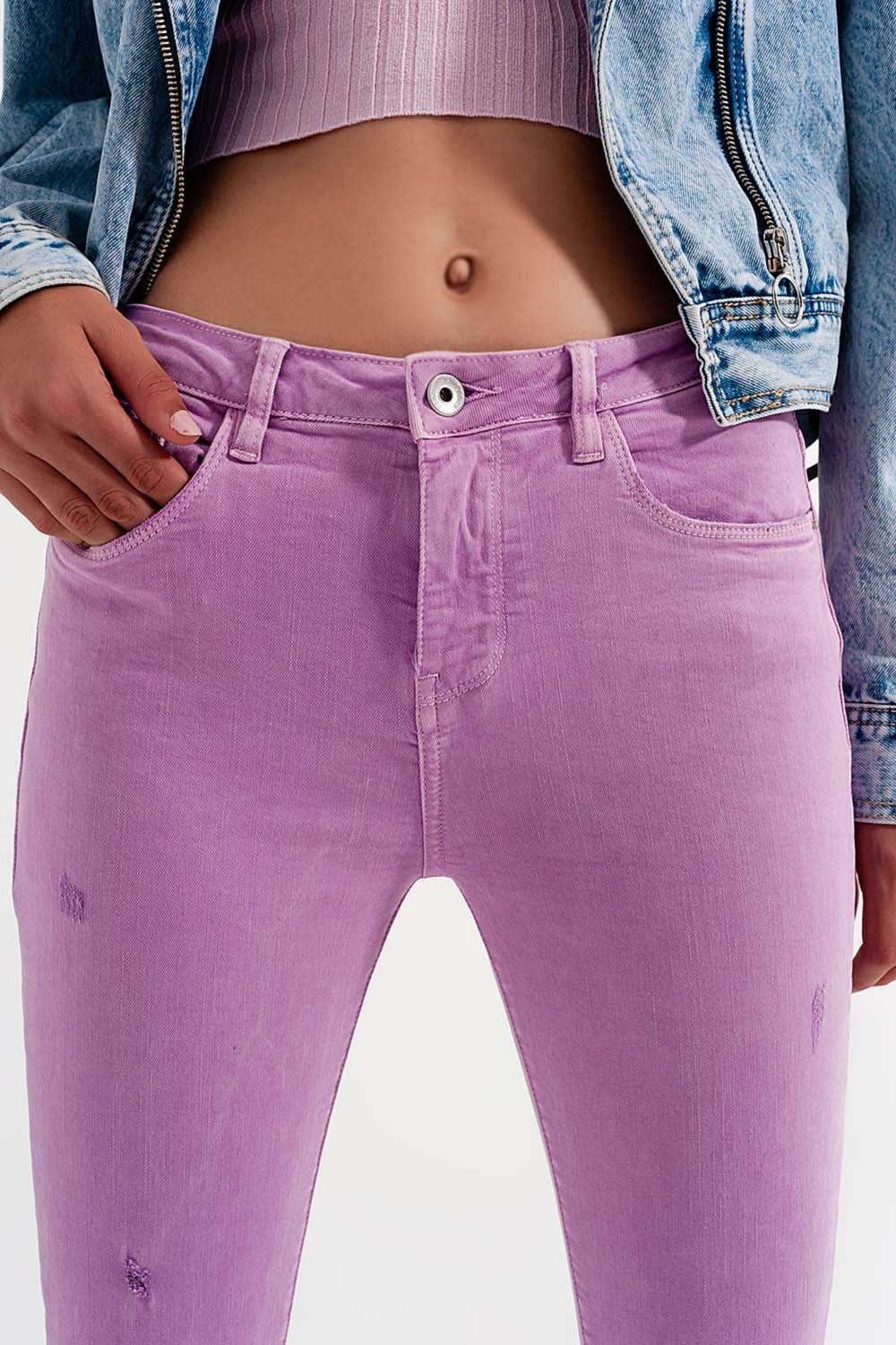 Distressed raw hem skinny jeans in lilac Szua Store