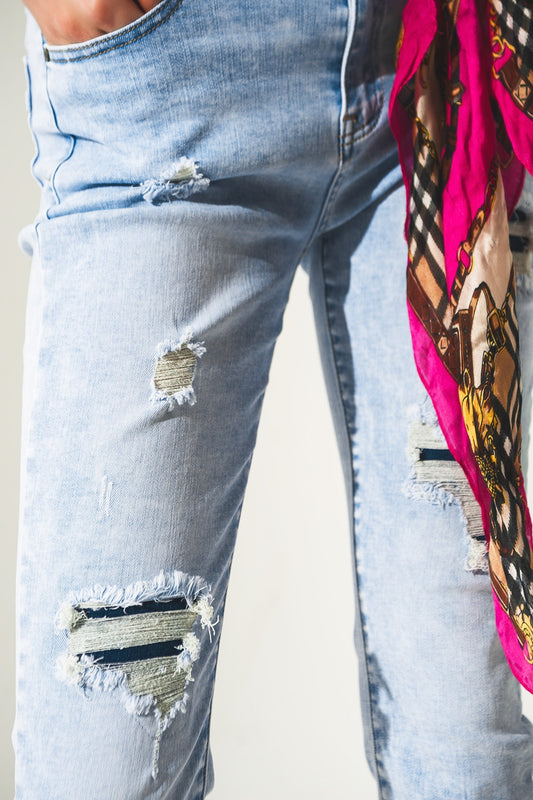 Distressed straight jeans with hem detail in blue - Szua Store