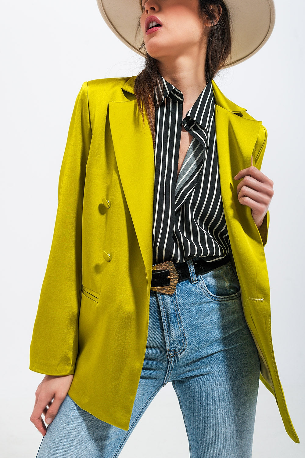 Double breasted satin blazer in lime green Szua Store