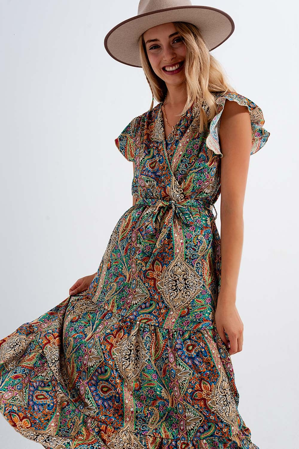 Dressed ruffle hem midaxi dress in paisley print in green Szua Store