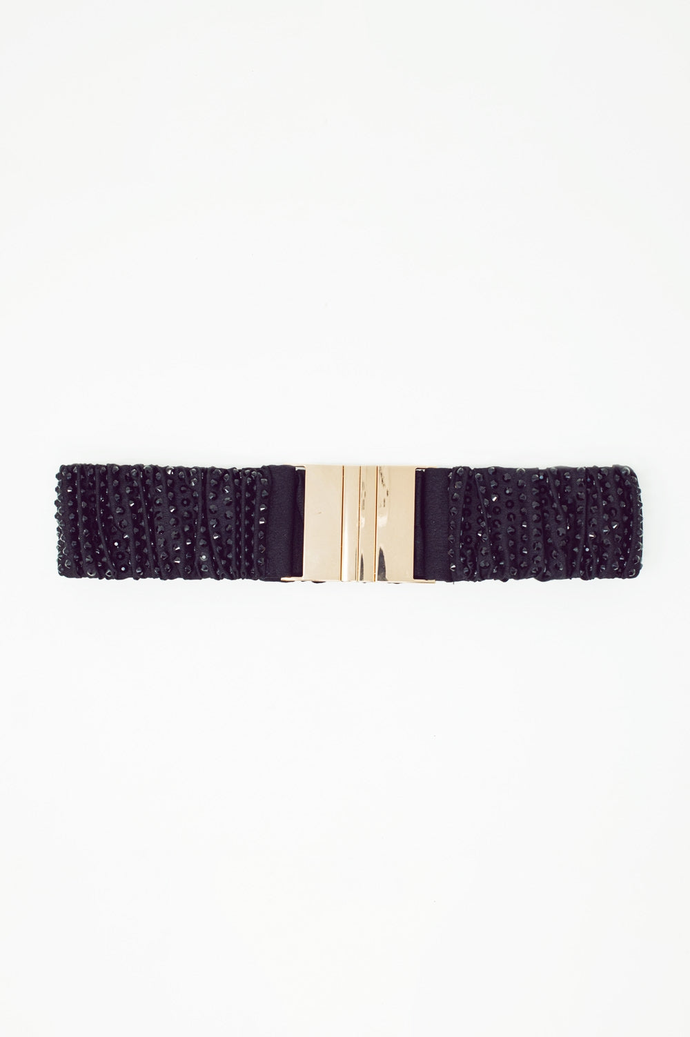Elasticated Beaded Belt With Golden Buckle in Black