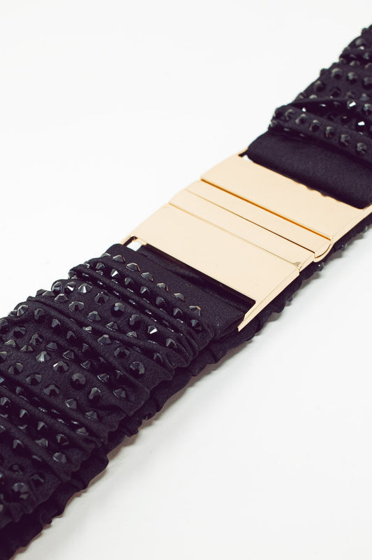 Elasticated Beaded Belt With Golden Buckle in Black - Szua Store