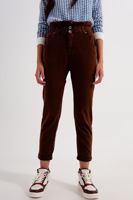 Elasticated paper bag waist mom jean in brown Szua Store