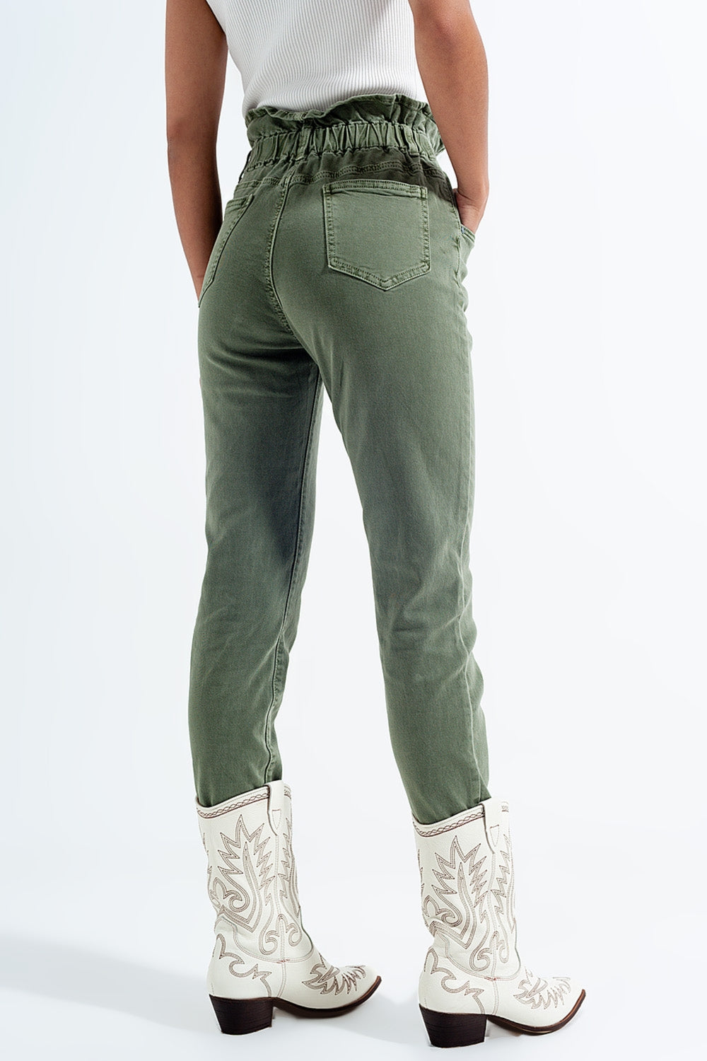 Elasticated paper bag waist mom jean in khaki Szua Store