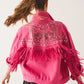 Q2 Embellished fringe denim jacket in fuchsia