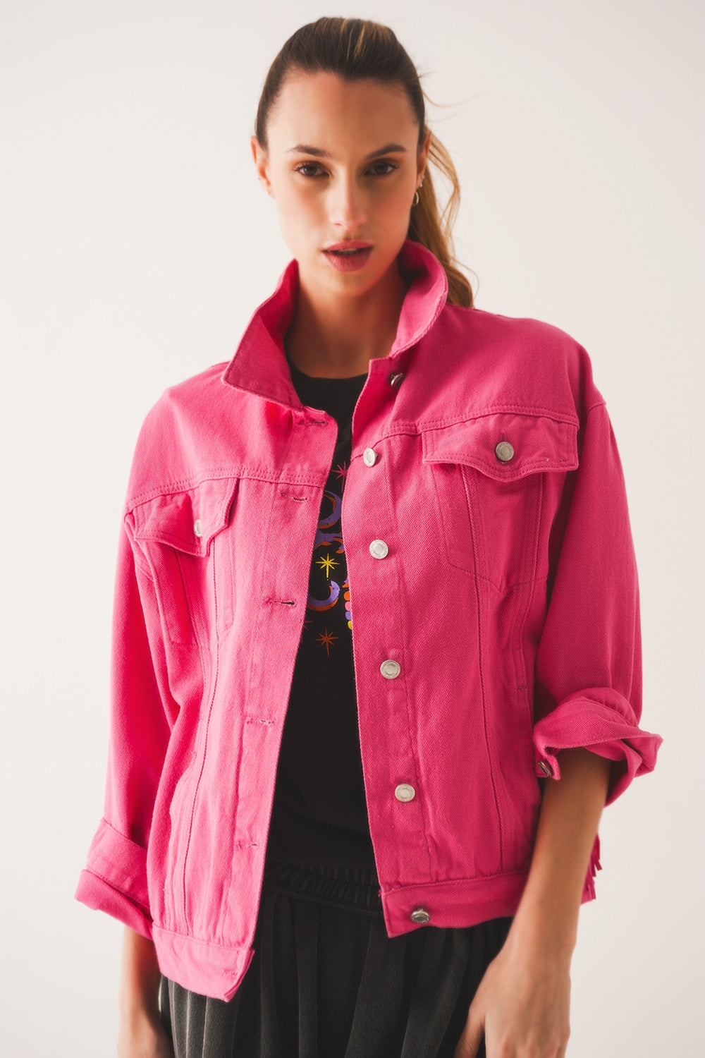 Embellished fringe denim jacket in fuchsia - Szua Store