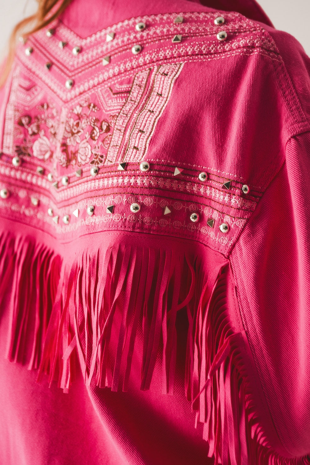 Embellished fringe denim jacket in fuchsia - Szua Store