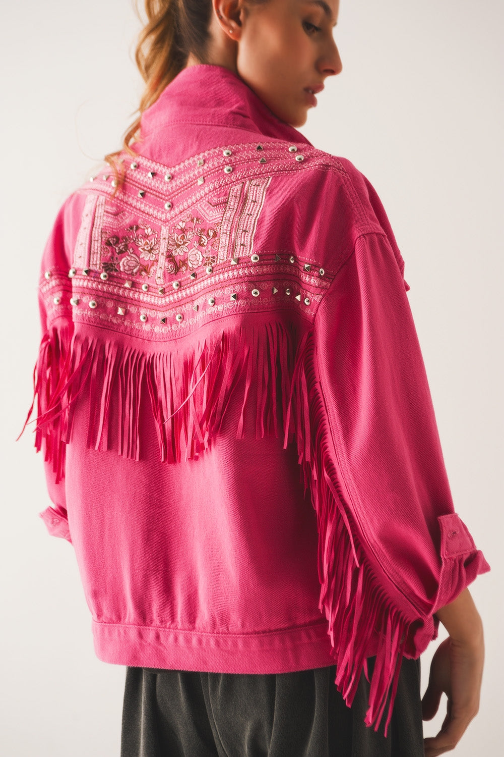 Embellished fringe denim jacket in fuchsia - Szua Store