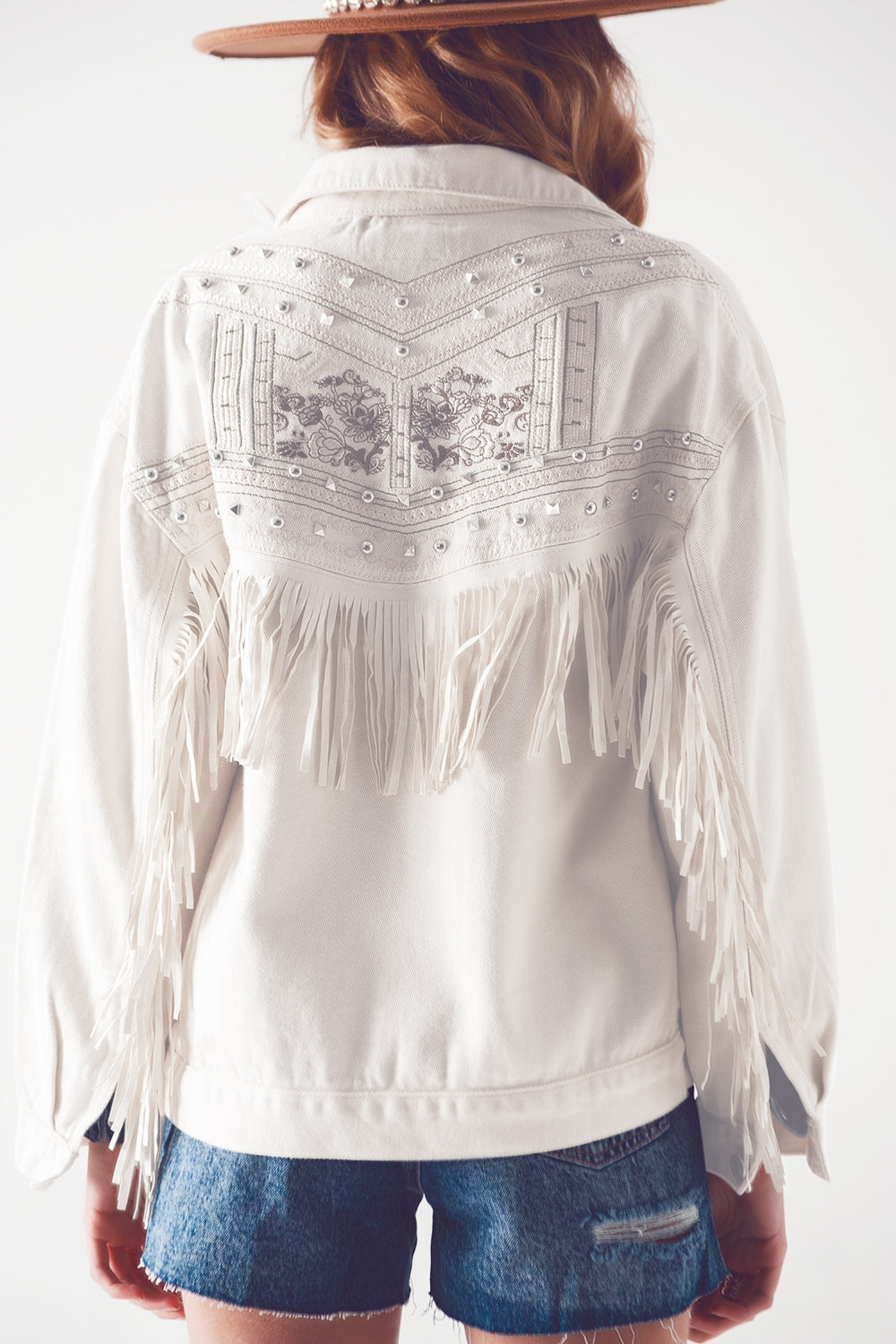 Embellished fringe denim jacket in white - Szua Store