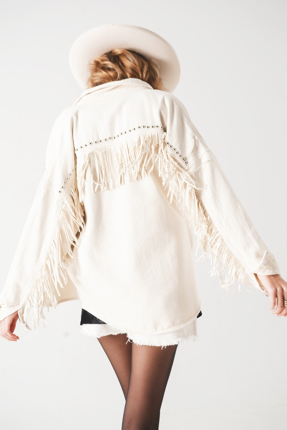 Embellished fringe denim shacket in beige Szua Store