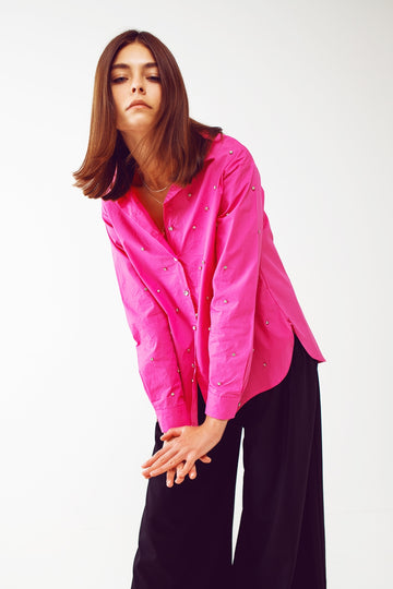Q2 Embellished Shirt With Uneven Hem in Fuchsia