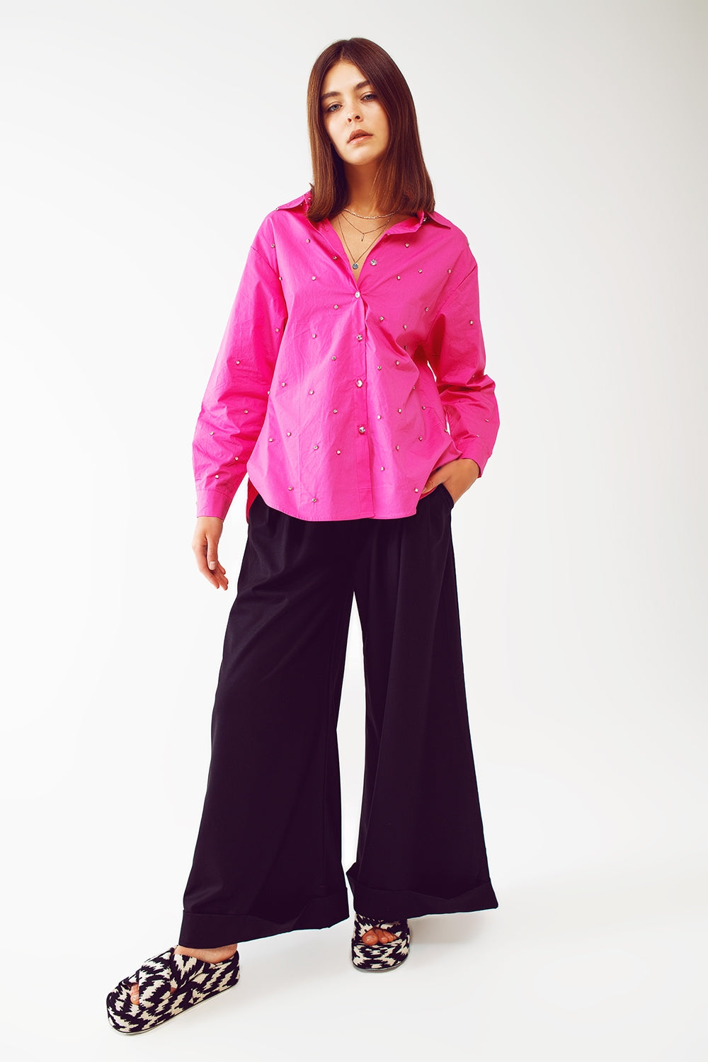 Embellished Shirt With Uneven Hem in Fuchsia - Szua Store